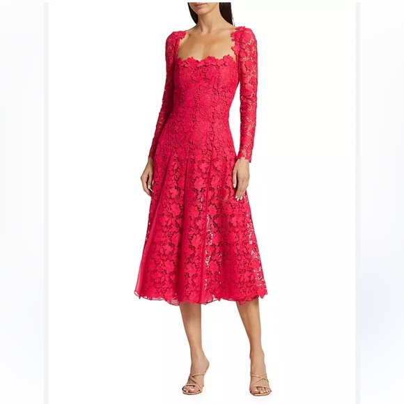 Oscar de la Renta Dresses & Skirts - OSCAR DE LA RENTA Floral guipure lace midi dress red silk-chiffon size 12